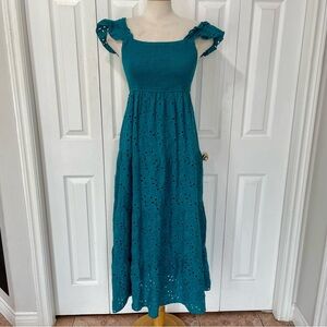 Dark Teal Green Lovestitch Eyelet Maxi, Smocked Chest, Empire Waist Dress Large